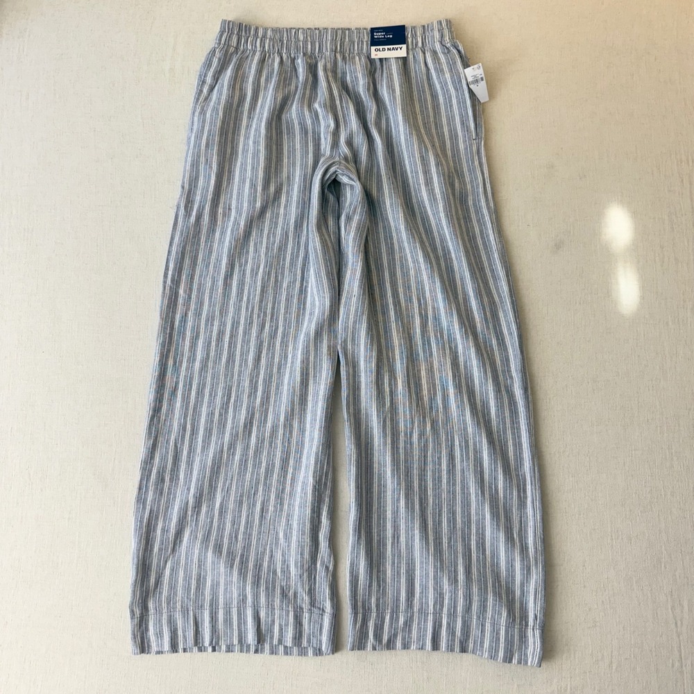 Old Navy Super Wide Leg Linen Blend Pants Womens Medium Blue Grey Stripe NWT